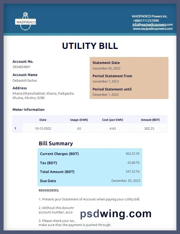 Bangladesh Wazidapico Power Utility Bill